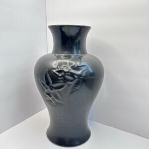 Large Haeger Floor Vase Matte Black Embossed Flowers 13” 7101